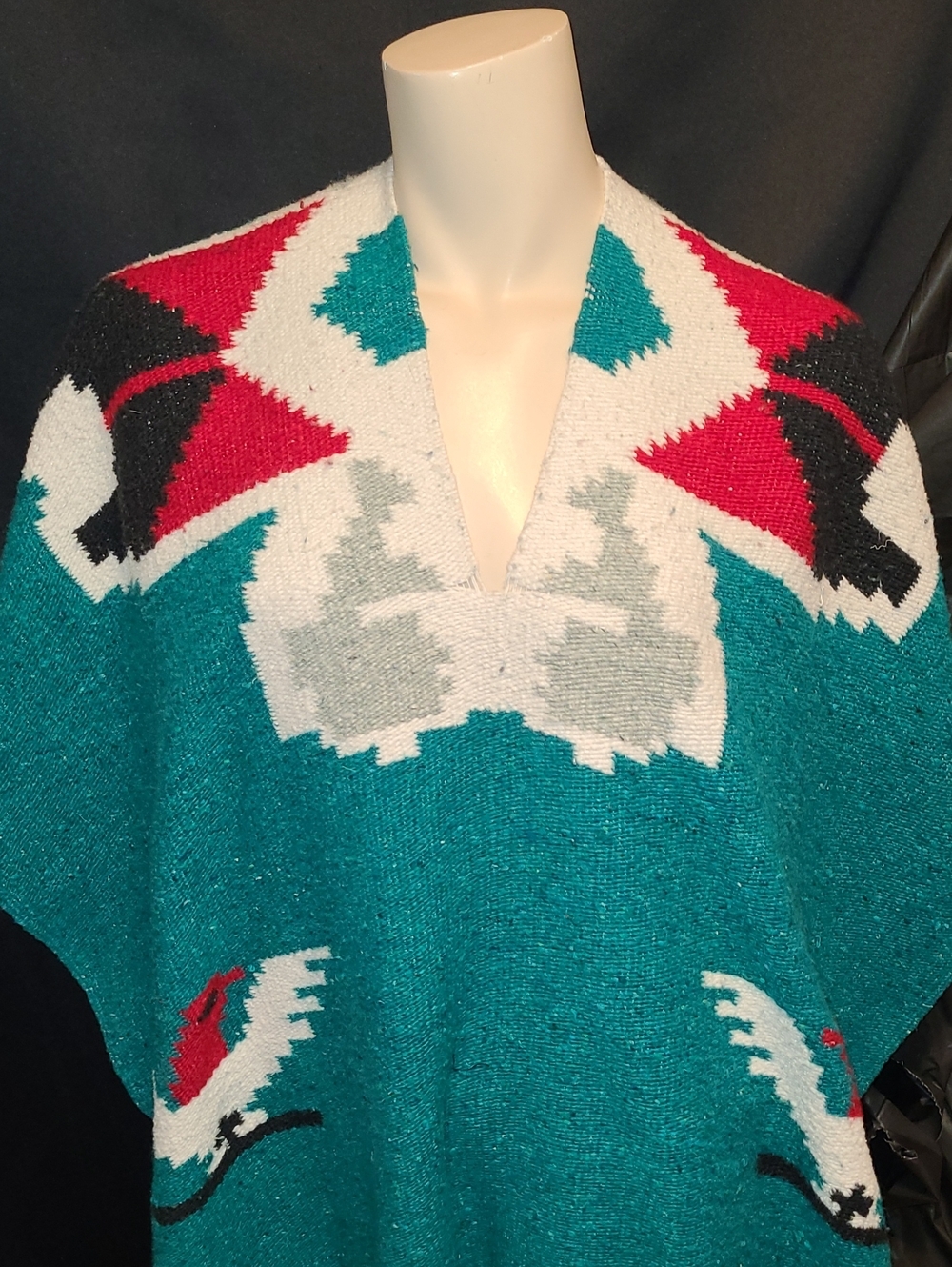 Teal Vintage Mexican Poncho - Picture 2 of 9